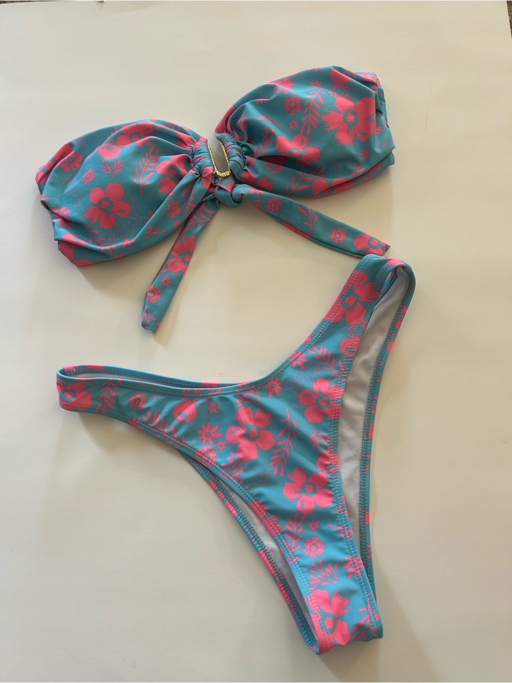 SHEIN Teal Bikini Set with Pink Floral Print